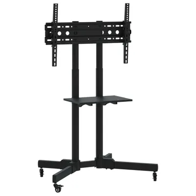 A black TV stand with wheels and a shelf, shown against a white background.