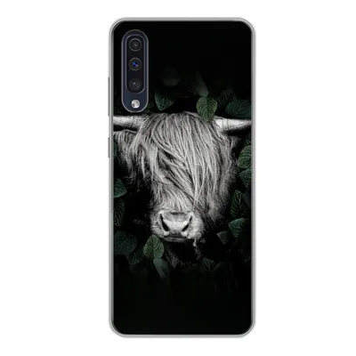 Produktbild von MuchoWow® Handyhülle Schutzhülle Hülle für Samsung Galaxy A50 Schottischer Highlander - Blätter - Porträt Silikon Softcase Handy Hülle - Mobiltelefonhülle