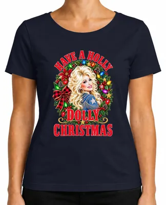 Immagine prodotto di Maglietta da donna a tema natalizio "Have A Holly Dolly Christmas", stile country, colore blu navy, taglia L