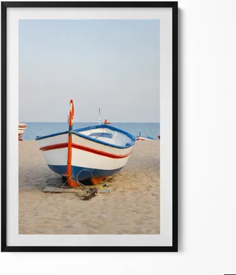 Produktbild von Boote am Strand– Wandbild mit Rahmen – Gerahmtes Bild  – Wanddekoration – 70x100 cm –  Schwarz Rahmen