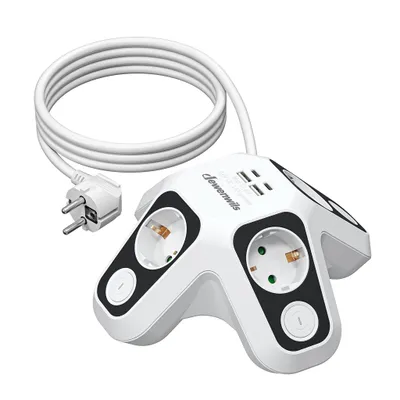 A white power strip with multiple outlets and USB ports, shown from a diagonal angle on a white background.