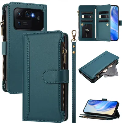 Produktbild von Handyhülle für Xiaomi Mi 11 Ultra Reißverschluss Geldbörse Kunstleder Klapphülle mit Kartensteckplatz, Ständer, Handschlaufe Grün