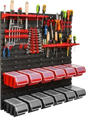 Image de Système de rangement Étagère d'atelier | 78 x 78 cm | 12 pièces Boîte | Étagère murale avec supports pour outils et bacs empilables - Panneaux muraux Étagère à bacs extra-robuste Panneau perforé pour outils Étagère de rangement Étagère de garage