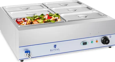 Obrázok produktu pre Expondo Royal Catering Bain Marie – 2 000 W – 6 x 1/3 GN nádoby – s vypúšťacím kohútikom