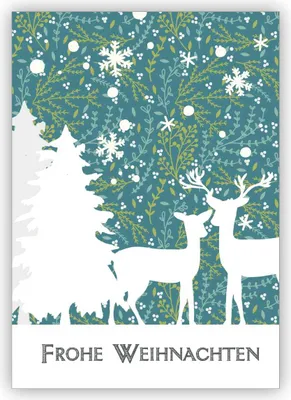 Produktbild von 4x Romantische Weihnachtskarte mit Rehen und Wald in blau: Frohe Weihnachten