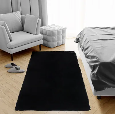 Produktbild von Teppich Kunstfell Shaggy Hochflor Weich Langflor Modern Design Kaninchenfell Wohnzimmer Schlafzimmer Einfarbig Schwarz 80 x 150 cm