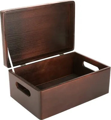 An open wooden box with a lid, shown against a white background.