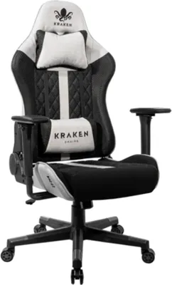 A black and gray gaming chair with white accents and logos.
