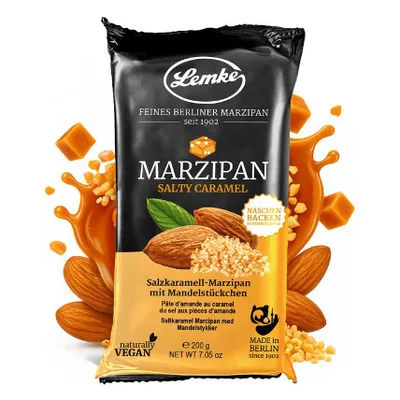 Produktbild von Lemke Salty Caramel Marzipan, 200g/Salzkaramell-Marzipan mit Mandelstückchen- Vegan- Backmarzipan