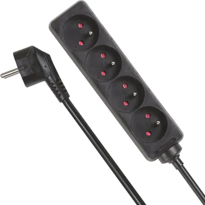 Productafbeelding van Perel Stekkerdoos - 4 stopcontacten type E met kinderbeveiliging - 5 m kabel H05VV-F 3G1.5 - 3680 W - Zwart - IP20