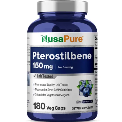 Produktbild von NusaPure Pterostilben 150 mg – 180 vegane Kapseln | Non-GMO, glutenfrei | Nahrungsergänzungsmittel für Erwachsene | 90-Tage-Vorrat