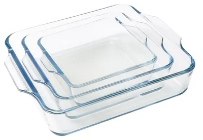Immagine prodotto di Set di 3 contenitori in vetro per sformati, con maniglie, capacità 0,4L, 0,7L e 1,5L, adatti al microonde e al forno