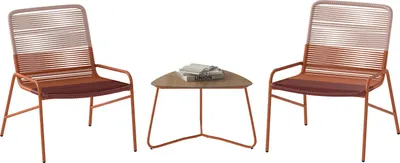 Two chairs and a table are arranged on a white background.
