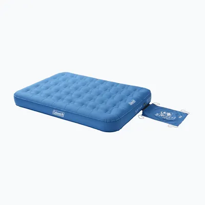 A blue inflatable mattress with a small blue bag next to it, on a white background.