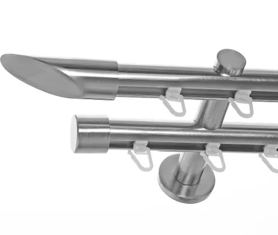 Produktbild von Innenlauf Gardinenstange Edelstahl Look 20mm Wandträger 2-läufig Schräge, Länge wählbar H40 E32E30
