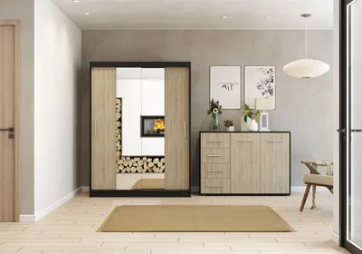 Produktbild von 2er-Set Schwebetürenschrank Schrank Kleiderschrank mit zwei Spiegeln Schwarz/Sonoma 150cm Vista 01 mit Kommode 135cm FRIDA 01 und Led Beleuchtung