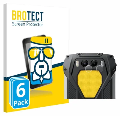 A product package for screen protectors is shown next to a close-up of a rugged smartphone's camera module with the screen protectors applied.