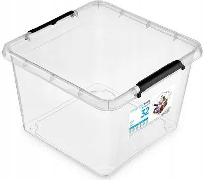 A clear plastic storage container with black handles.
