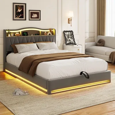 Produktbild von Polsterbett 140x200 cm mit hydraulischem Stauraum, Stauraum-Kopfteil, LED, 2 USB-C & USB-Anschluss, Lattenrost, Fleece Grau, ohne Matratze