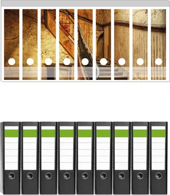 Produktbild von Wallario 9 Stück breite Ordner inkl. Klebeetiketten mit Motive Rustikale Holztreppe -  Set mit Rückenschildern / Ordnerrücken Stickern