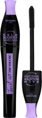 A black mascara tube with a purple cap and applicator, shown next to the tube.