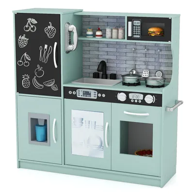 Immagine prodotto di Cucina per bambini COSTWAY, cucina da gioco in legno con accessori, lavagna, microonde, gelatiera, lavastoviglie e forno, cucina in legno per bambini a partire da 3 anni (verde)