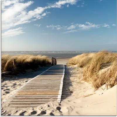 Produktbild von Eva Gruendemann: Nordseestrand auf Langeoog - Steg - Glasbild, Größe:50x50 cm / Glasbild