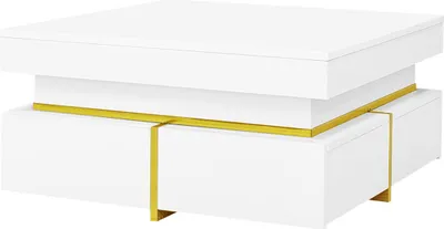 Produktbild von Couchtisch(Weiss)Hochglanz-Wohnzimmertisch, Beistelltisch mit Schubladen und goldenen Akzenten