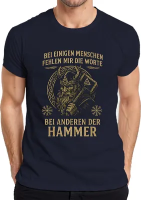 Zdjęcie produktu dla Tęsknię za innymi słowami Koszulka męska z młotem Viking Thor Mjölnir, Granatowy, L