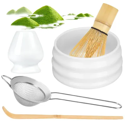 Produktbild von Juksun Matcha-Set 5-teilig aus Keramik und Bambus in 580ml mit Schale Besen und Sieb für Teezeremonie & Geschenk,Weiß