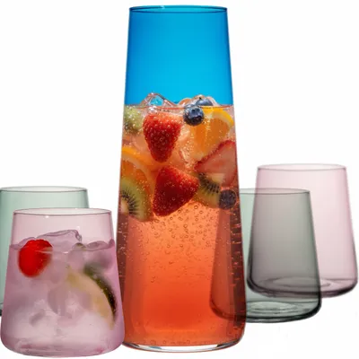 Produktbild von IMPERIAL glass Glaskaraffe mit Gläsern - Blaue Wasserkaraffe Set mit 4 farbigen Trinkgläsern aus Crystalline Glas, 5-teilig 1250ml / 460ml