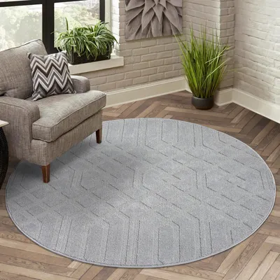 Produktbild von Teppich Kurzflor Wohnzimmer - Grau - 200 cm Rund - Ornament, Marokkanisch - 3D-Effekt