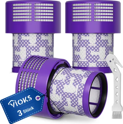 Three purple and white vacuum cleaner filters are arranged on a white background. One filter is in the foreground, angled towards the viewer, with a blue tag attached. Two other filters are in the background, standing upright.