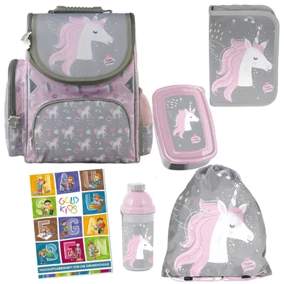 Produktbild von Schulranzen für Mädchen - Schul-Rucksack für Kinder mit Federmäppchen - Schuhbeutel und Hausaufgabenheft - Einhorn Motiv