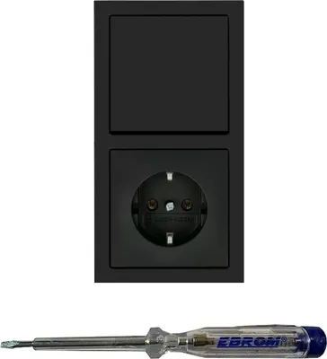 Produktbild von Busch Jäger Lichtschalter Wechselschalter AN/AUS 2000/6 US und Steckdose 20EUC-885 im 2-fach Rahmen in SCHWARZ MATT inklusive EBROM Phasenprüfer zur Montage der Geräte (6523 U – 102)
