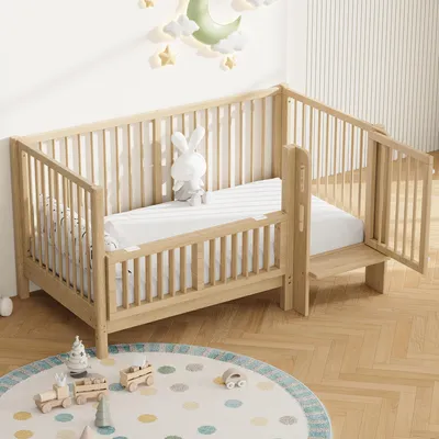 Produktbild von Merax Babybett 140x70 cm, multifunktionales Kinderbett aus Massivholz, umwandelbar in Anstellbett, mit Schutzgeländer, Sicherheitsverschluss, Natur