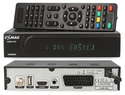 A satellite receiver and its remote control are shown from the front and back.