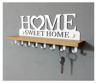 Produktbild von Schlüsselbrett mit Ablage aus Echtholz und Metall, weiß | Wandorganizer mit 8 Haken für den Flur | Design „Home Sweet Home“ zur Wandmontage