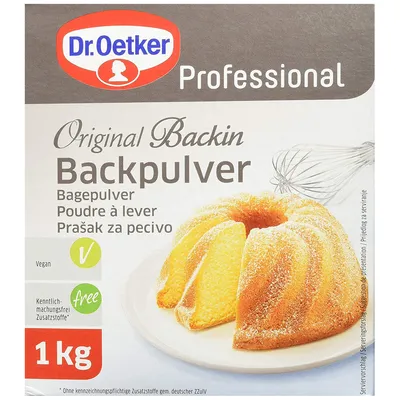 A box of Dr. Oetker Backin Baking Powder with an image of a bundt cake.