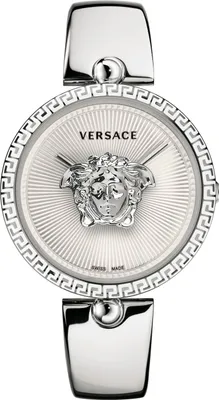 A close-up, studio shot of a silver Versace women's watch.