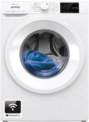 A front view of a white Gorenje washing machine with a blue towel inside the drum.