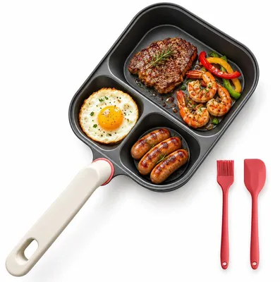 Produktbild von Eierpfanne 3 Fächer, Frühstückspfanne 3 in 1 mit Titan Antihaftbeschichtung, Pancake Pfanne für Eier Speck Omelett, Induktion geeignet