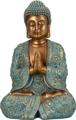 Große Buddha Figur in Türkis mit betenden Händen.