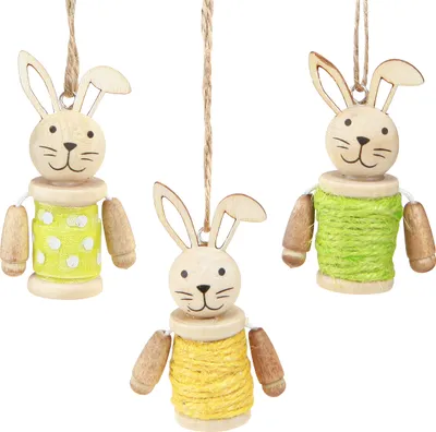 Produktbild von Hängende Osterdeko Holz Osterhasen Jute 9er Set fröhlich bunt, 9 Stück