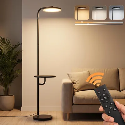 Zdjęcie produktu dla ZMH Lampa podłogowa LED salon 30W czarna z stolikiem pilotem 174cm ściemnialna lampa czytelnicza 3000K-6500K nowoczesne oświetlenie salon sypialnia
