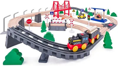 Image de WOODY - Voie ferrée avec locomotive électrique et pont, 80 pièces