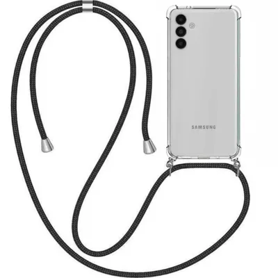 A clear studio shot of a transparent phone case with a black lanyard attached to a Samsung A04s phone.