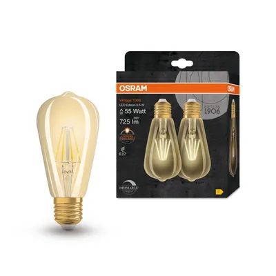 Image de Lot de 2 ampoules led, filament decoratif, Edison E27, 55W, blanc chaud, OSRAM