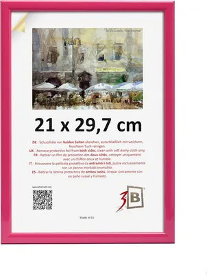 Obrázek produktu pro Rámeček na fotografie, rozměr 21x29,7 cm (A4), růžový, dřevěný rám s akrylovým sklem, vhodný pro vertikální i horizontální umístění