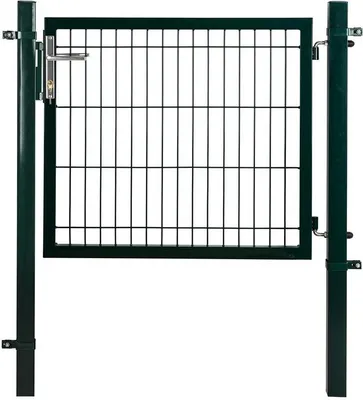 A green metal garden gate with a silver handle, mounted on two dark green posts. The gate is made of wire mesh.